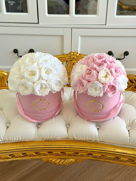 White Peony Dome in Pink Velvet Box – Montée De Rose