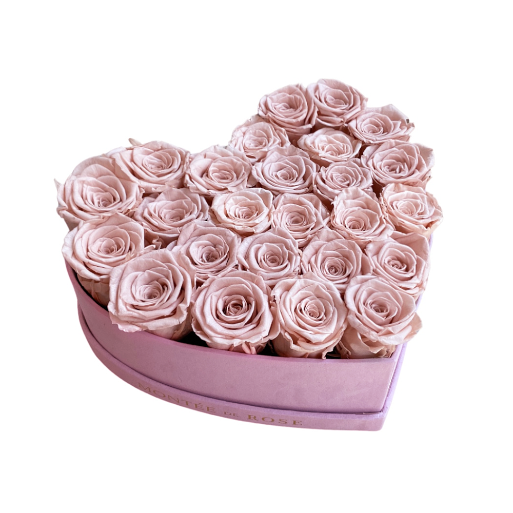 65-75 Soft Pink Preserved Roses in A Heart Shaped Box - Medium Heart Luxury  Pink Suede Box